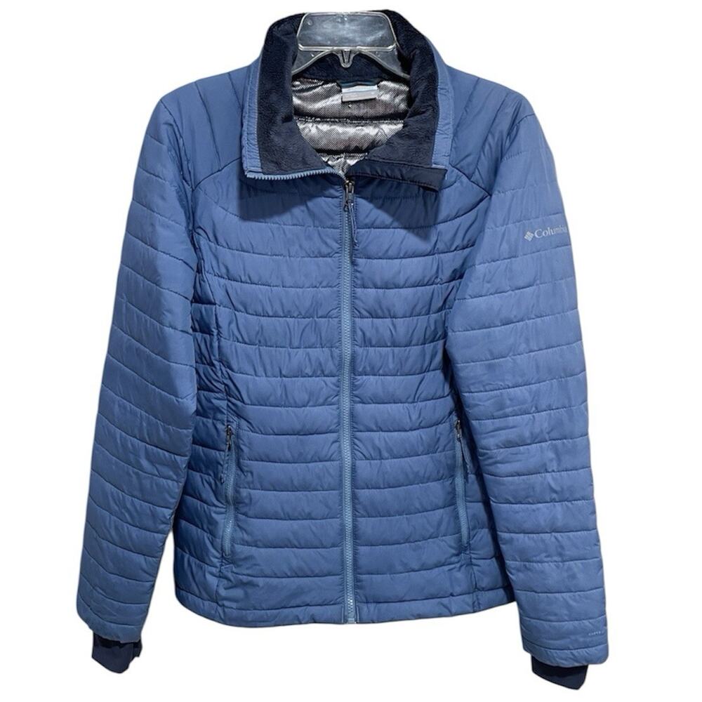 Coumbia Women Omniheat White Out Puffer Jacket Medium Blue Quilted Winter XK0677